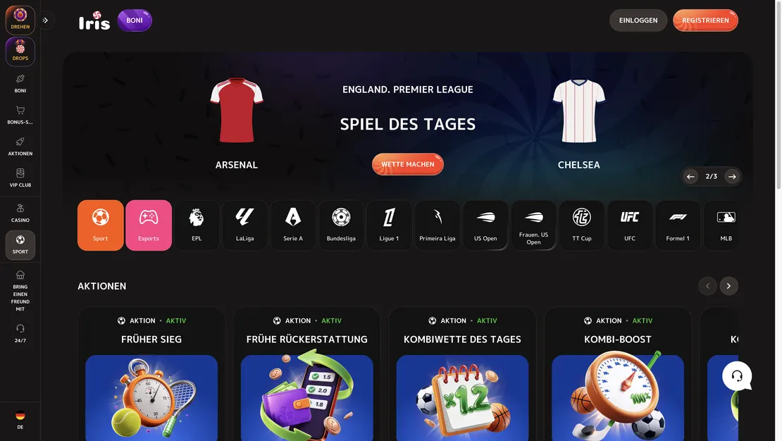 Sportwetten-Bereich von IRIS Casino mit Spiel des Tages